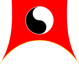 [red hanging banner with a black yin-yang symbol]