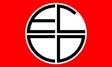 [red field, white circle centered, black logo]