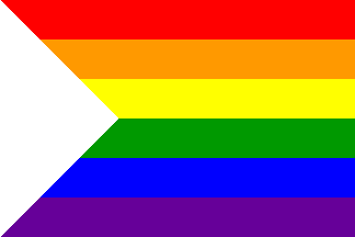 [Rainbow flag with white triangle at hoist]