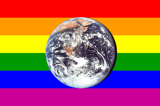 [Rainbow flag with globe]