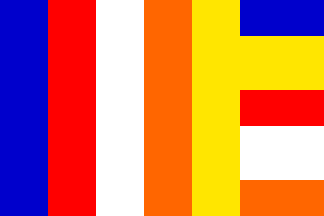 [vertical Buddhist flag]