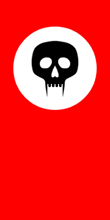 [red field, white circle behind a black skull with long teeths]